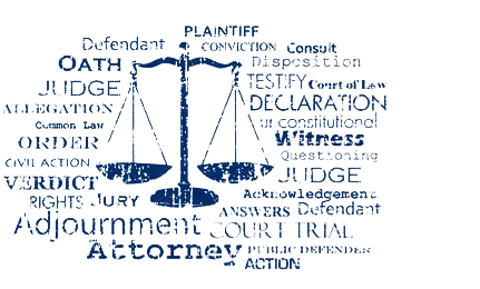 Word Cloud - Several Legal Terms Grouped Around the Scales of Justice